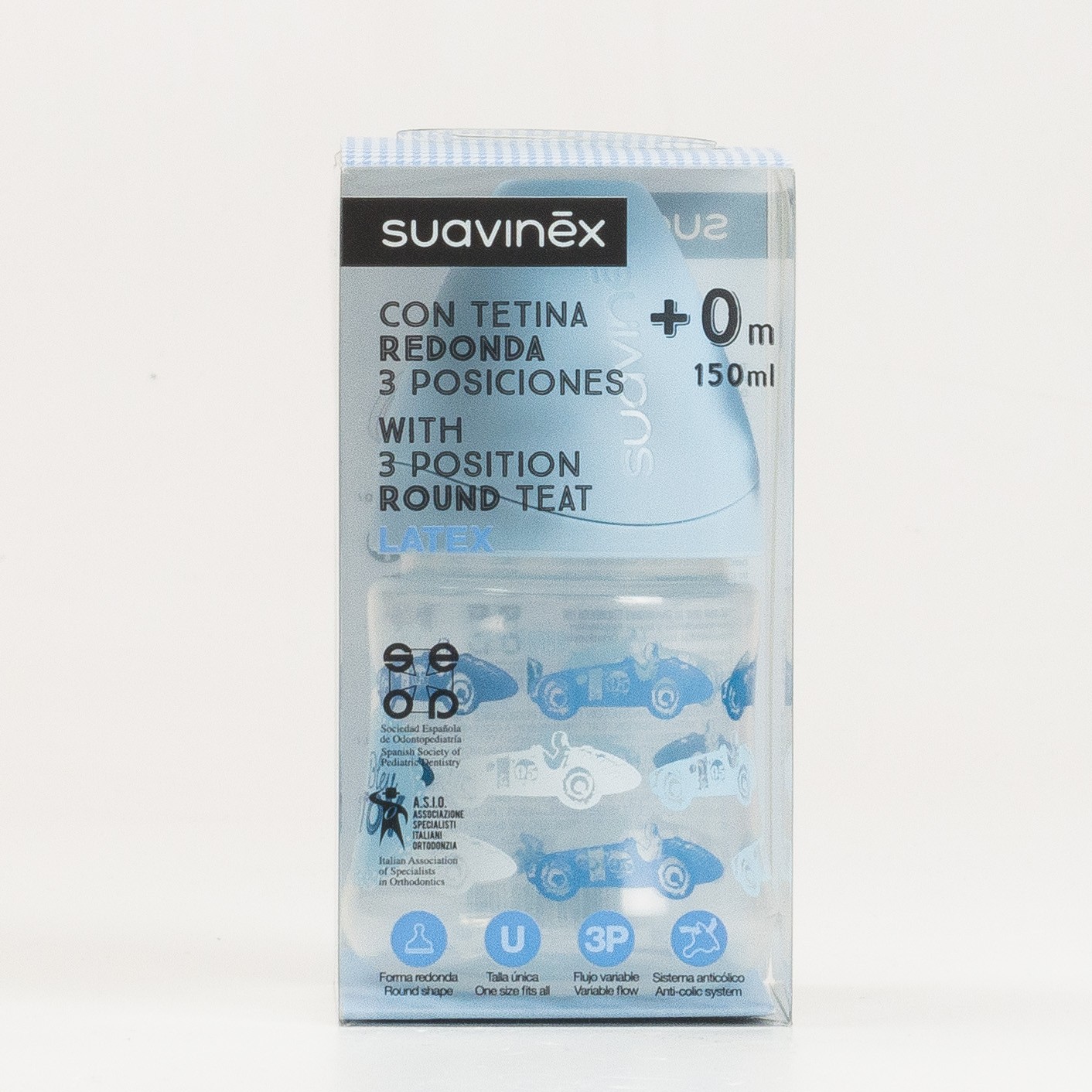 Suavinex Garrafa Redonda Teto 3 Posições Azul, 150ml.