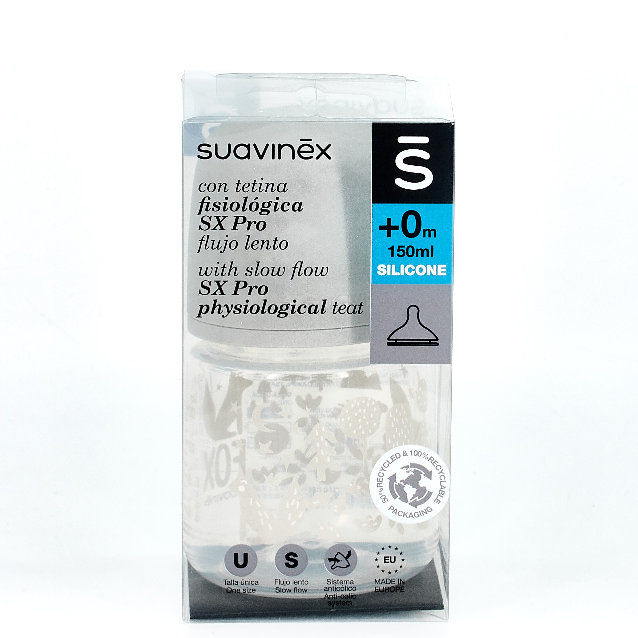 Suavinex Fisiológico Silicone Slow Flow Teat Garrafa, 150ml.