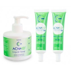 Boderm Acnaid Pack oferece 2 géis + 1 sabonete de limpeza, 2x30g +250ml.