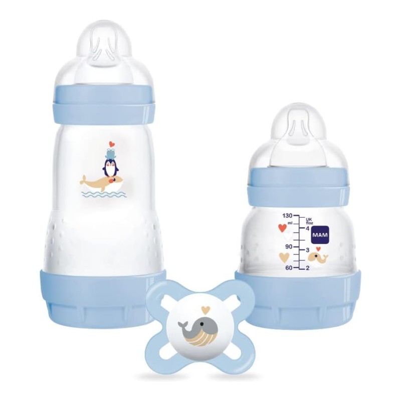 MAM Biberón Starter Set Azul +0M, 1 Biberon Anti-colic + 1 Biberon Easy Start 130ml